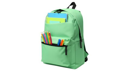 Green backpack with colorful supplies isolated on transparent background