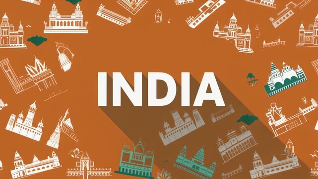 India country name typography with flat cultural icons of palaces and temples on a saffron orange background. Rich heritage and tourism motion graphics.