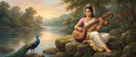 Obraz premium Illustration of saraswati for vasant panchami. 