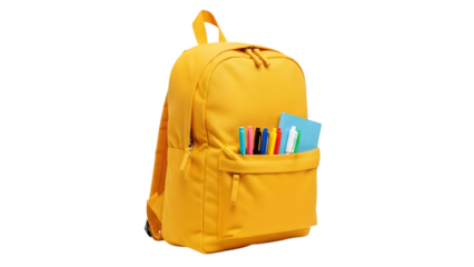 Yellow backpack with colorful pens isolated on transparent background