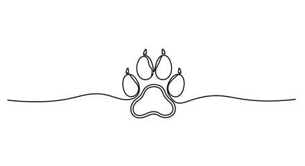 Minimalist single line drawing of a clean canine paw print centered on a horizontal line representing a path or journey © Line Home