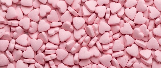 A close up view of a massive pile of small pale pink heart shaped compressed candies scattered randomly creating a textured surface heart candy love sweets Valentine confectionery sugar