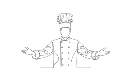 A chef wearing a tall toque hat stands with open arms in a welcoming gesture depicted in a clean line art style © Line Home