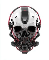 Futuristic white and black robotic head with red accents and wires