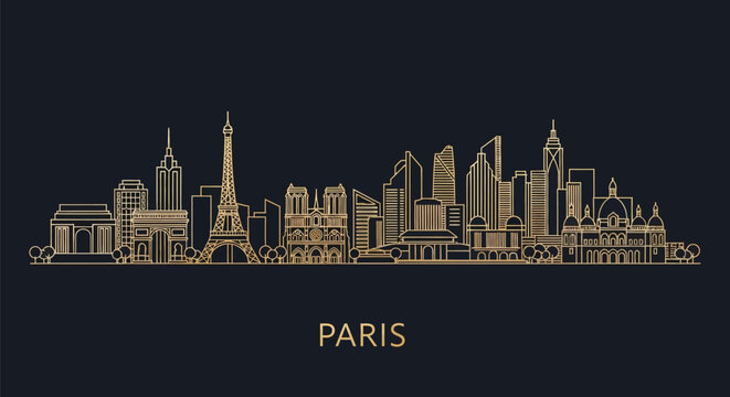 Gold-colored illustration of the Paris city skyline at night on a black background with the word Paris written below.