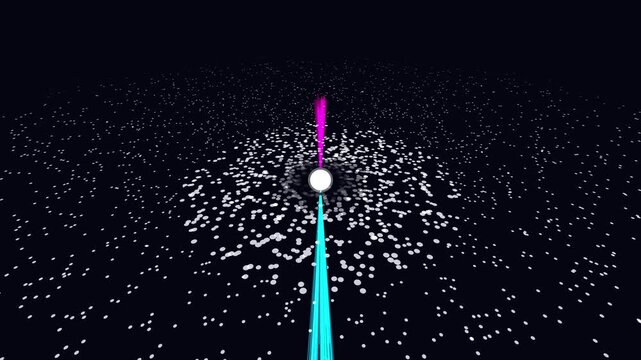 Seamless loop of a stylized pulsar neutron star with a rotating accretion disk and polar energy jets. Generative space animation showing particle spiral flow and magnetic beams. 4K UHD 3D render.