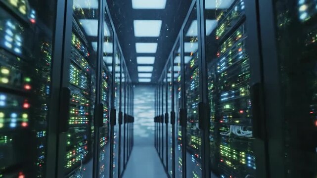 The image showcases a data center with rows of servers lit by colorful lights. The perspective is down a corridor lined with servers.