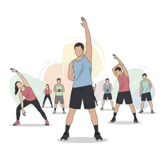 Group Fitness Class with Diverse Participants Performing Stretching and Warm Up