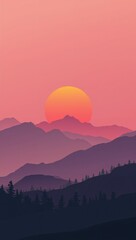 Obraz premium Vibrant sunset over serene mountain landscape with silhouetted trees