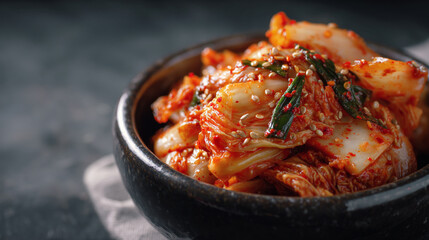 A bowl of spicy kimchi with sesame seeds and green onions on top