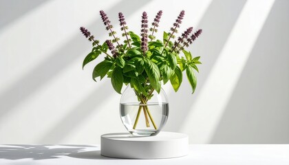 Green Basil Plant in Clear Glass Vase on White Pedestal with Light Shadows