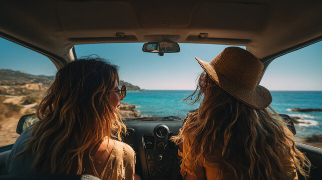 Two women driving along a scenic coastal road with ocean views
