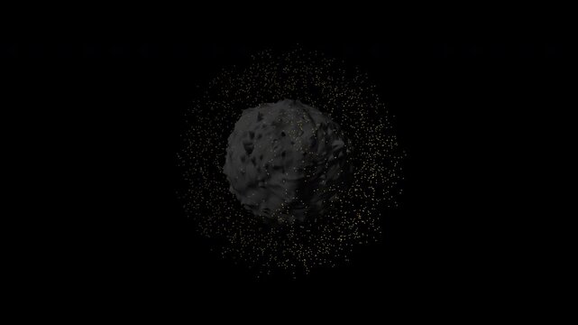 False-color SEM visualization of nanoparticles swarming a pulsing viral pathogen. Golden immune particles encapsulate a beating grey threat. Seamless loop for medical and science usage.