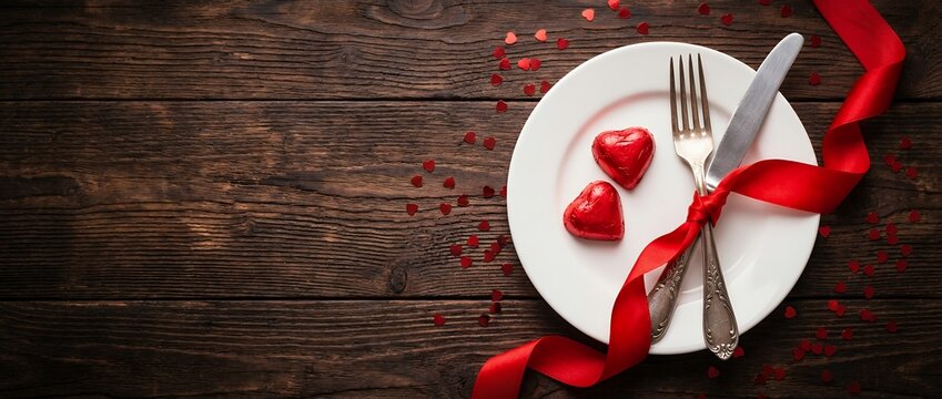 Romantic table setting featuring a white plate with two heart shaped red chocolates antique silverware tied with a bright ribbon and small confetti hearts scattered on dark wood valentine