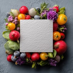 White card with a picture of a fruit basket on it