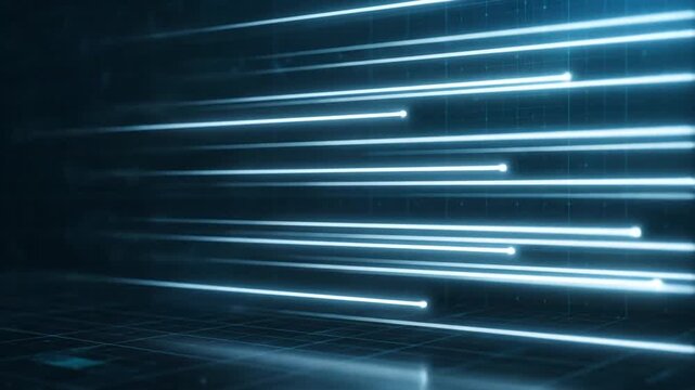 Digital grid with flowing blue neon light streaks data stream abstract background