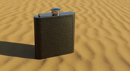 Black leather flask with silver cap on sandy desert surface