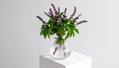 Green Basil Plant With Purple Flowers in Clear Glass Vase on White Pedestal Soft Light