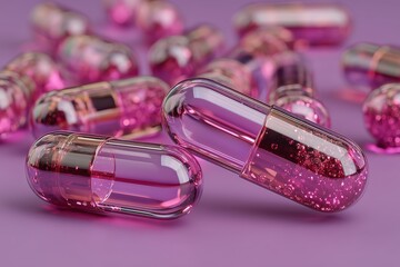 Pink Capsules with Glitter, Pharmaceutical or Supplement Concept