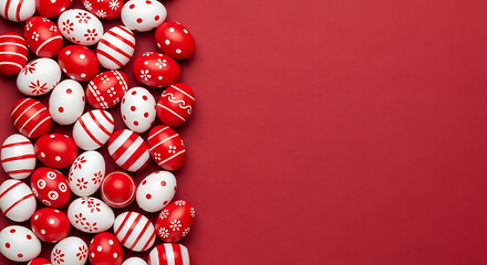A vibrant collection of red and white decorated Easter eggs on a solid red background