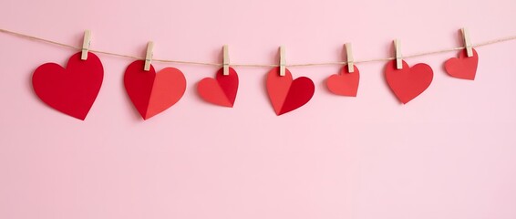 A row of red paper hearts of varying sizes attached to a thin piece of twine with small wooden clothespins against a solid light pink wall valentine love string romance decoration celebration