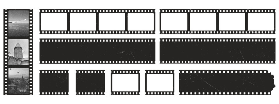 Cinema style frame collection. Vintage film strip borders, photo negatives and reels with grunge texture.