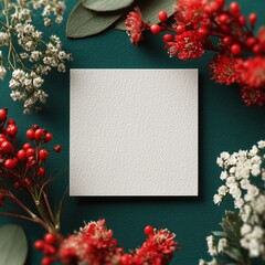 Blank Card with Floral Arrangement on Teal Background