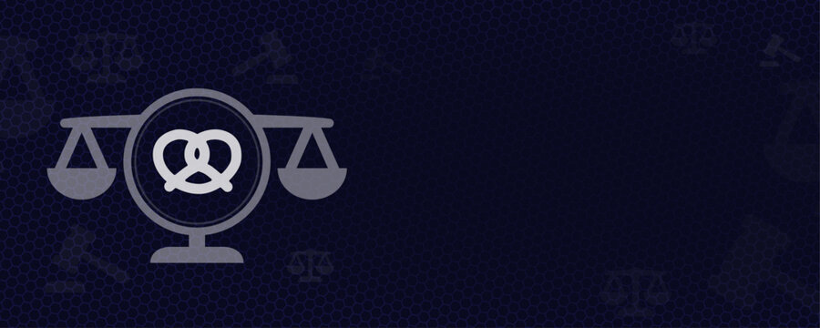 Food law scales with pretzel icon vector representing bakery standards nutrition labeling regulations and food safety compliance with copy space for catering and restaurant law