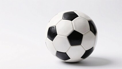 Naklejka premium A classic black and white leather soccer ball sits on a clean white background, casting a soft shadow, perfect for sports designs or equipment mockups.