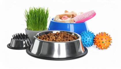 A Collection Of Pet Supplies Including Food Toys And Grooming Tools On White Background