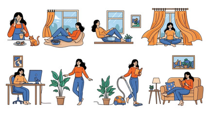 A collection of illustrations depicting a woman engaged in various daily activities at home, including working on a laptop, meditating, cleaning, and relaxing.