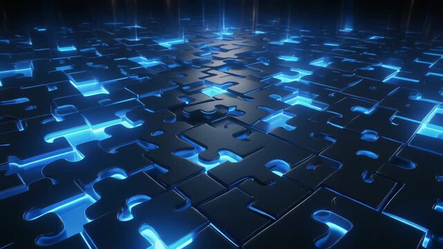 Futuristic jigsaw puzzle with glowing blue edges and missing center piece revealing radiant light.