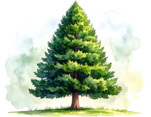 Watercolor illustration of a tall, lush green conifer tree