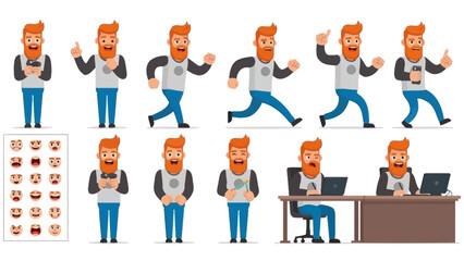 A collection of cartoon illustrations depicting a man with a beard in various poses and activities, including running, holding a phone, and working at a desk.
