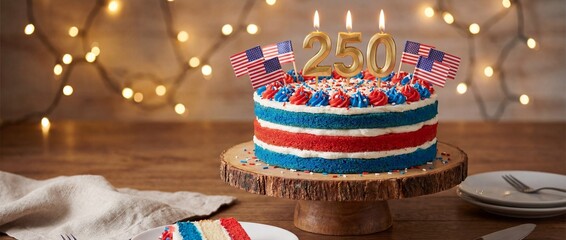 Festive layer cake with red, white, and blue frosting, gold 250 candles, and small American flags on a wooden table with bokeh lights.