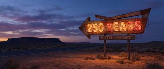 Cinematic vintage neon motel sign in a desert landscape at twilight, glowing with the text "250 YEARS" to celebrate the USA Semiquincentennial.