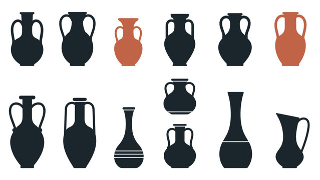 Silhouette collection of various ancient Greek pottery styles and amphora vases in black and terracotta colors.