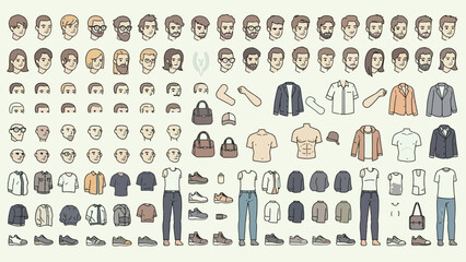 A comprehensive collection of diverse cartoon characters and their clothing and accessory options, presented in a grid format.