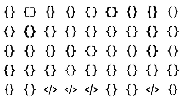 Large set of various programming and coding bracket icons is presented in different styles and thicknesses for developers.