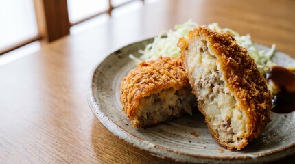 Korokke potato croquette cut in half, fluffy inside, golden panko crust. copy space for text