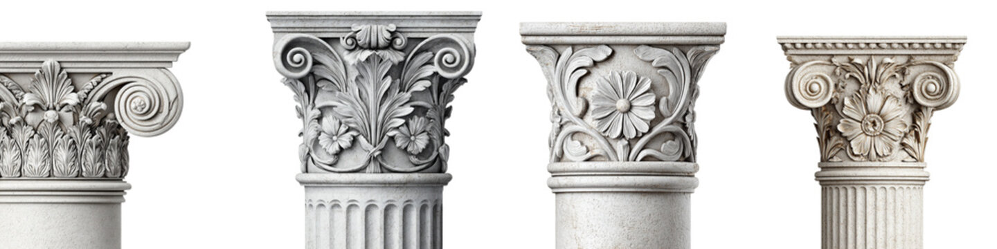 Ornate Architectural Column Capitals: Stone Details Isolated on White