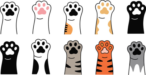 Cute cat paw icon set, cartoon kitten feet collection with different colors and patterns, pet animal vector illustration © MdShafe