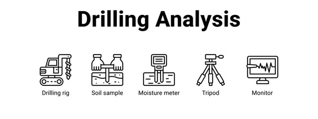 Drilling Analysis web banner icon vector illustration concept ,  with icon of Drilling rig, Soil sample, Moisture meter. © Jefri