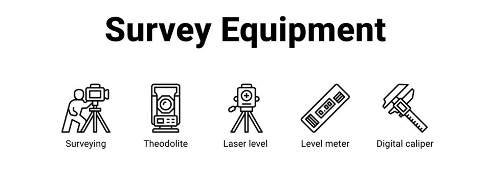 Survey Equipment web banner icon vector illustration concept ,  with icon of Surveying, Theodolite, Laser level, Level meter.