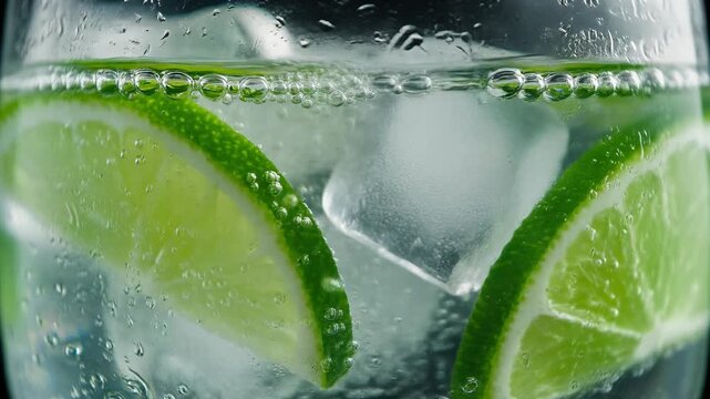 Close-up of a refreshing drink with lime wedges and ice.