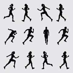 Silhouetted Runners Grid: Twelve Dynamic Silhouettes Representing Fitness, Athletics, and Movement