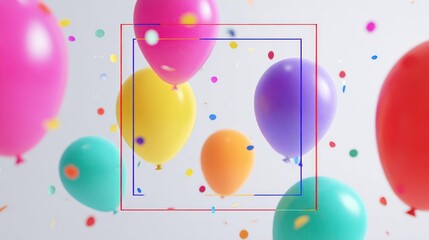 Vibrant colorful balloons and confetti floating against a white background with a framing square for copy space