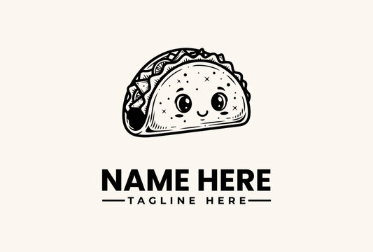 A smiling taco character illustration with a customizable name and tagline on a clean white background, featuring a logo and vector graphic design.