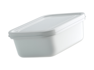 A white plastic container with a lid, ideal for food storage, featuring a sleek design and practical functionality for kitchen use.