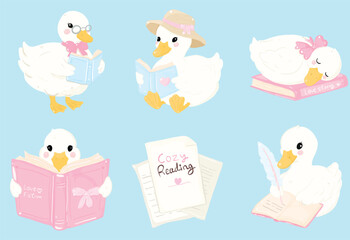 Cozy duck bookish, call duck book lover vector isolated, a charming illustration features a collection of cute ducklings engaged in various reading activities